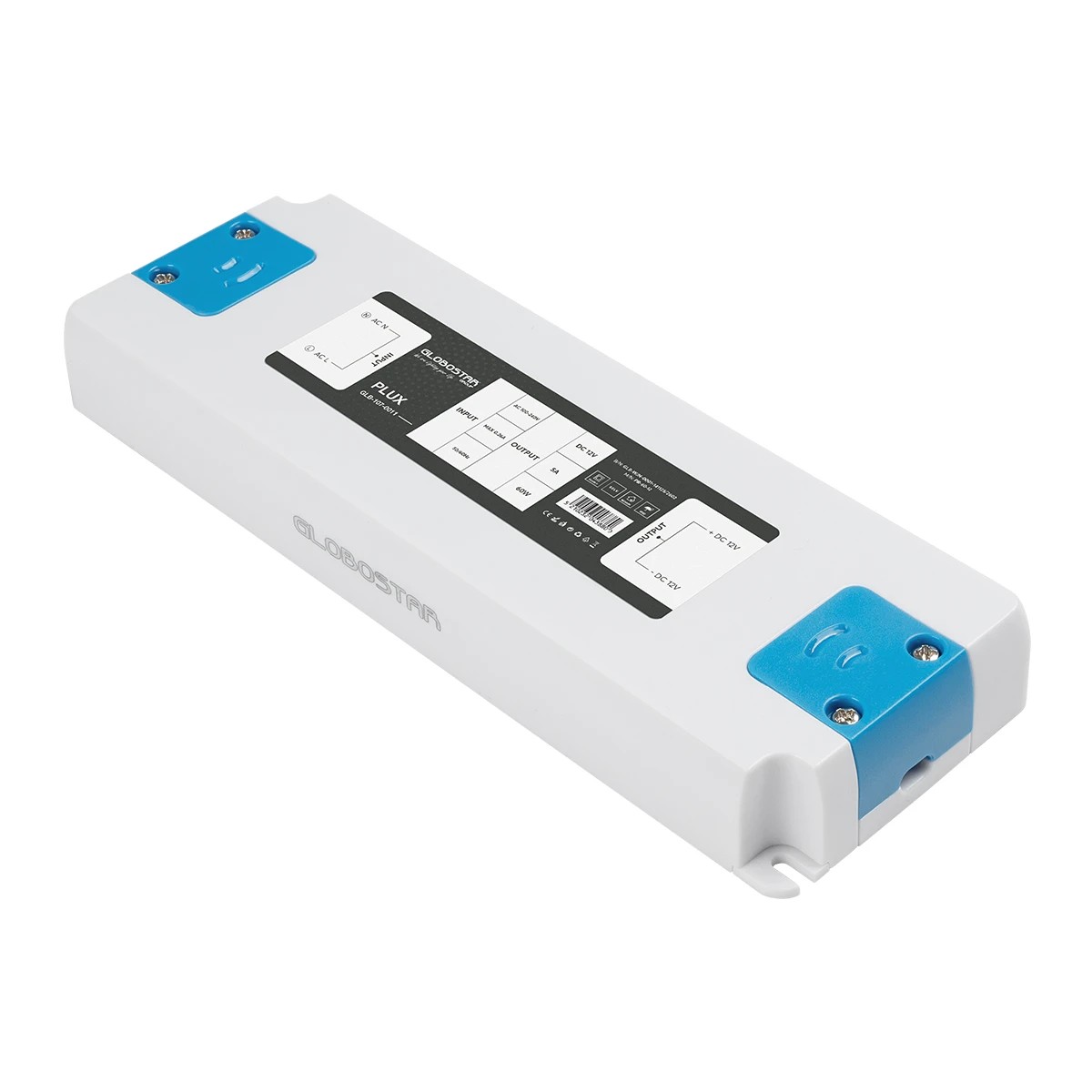 GLOBOSTAR® PLUX GLB-107-0011 Τροφοδοτικό/Μετασχηματιστής Class II SELV 60W 5A AC 220-240V σε DC 12V IP20 - Λευκό Ματ - Μ18.5 x Π6.4 x Υ2.2cm - 3 Χρόνια Εγγύηση