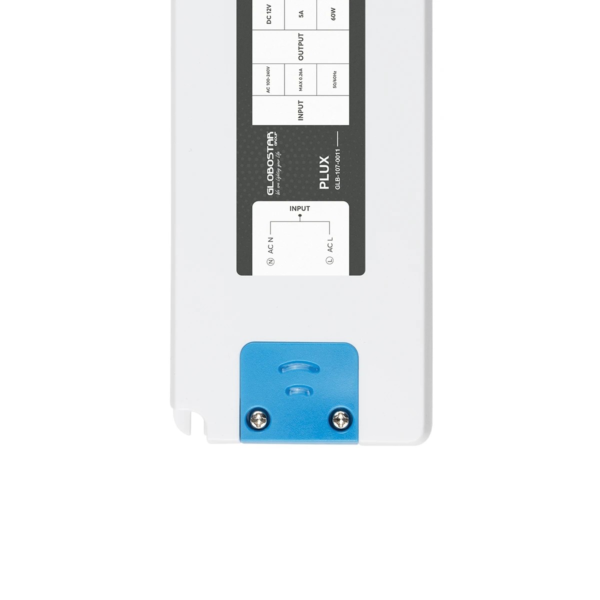 GLOBOSTAR® PLUX GLB-107-0011 Τροφοδοτικό/Μετασχηματιστής Class II SELV 60W 5A AC 220-240V σε DC 12V IP20 - Λευκό Ματ - Μ18.5 x Π6.4 x Υ2.2cm - 3 Χρόνια Εγγύηση