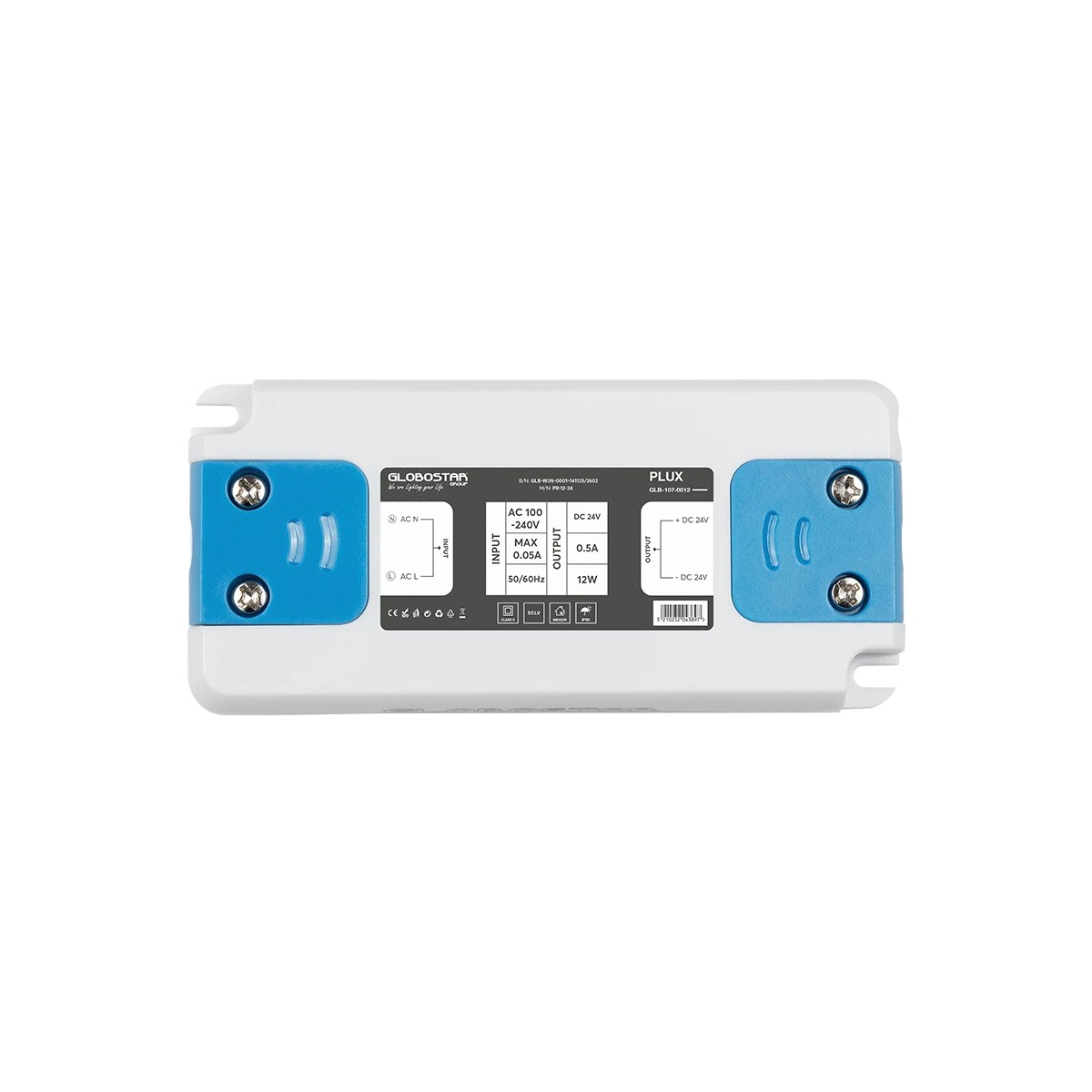 GLOBOSTAR® PLUX GLB-107-0012 Τροφοδοτικό/Μετασχηματιστής Class II SELV 12W 0.5A AC 220-240V σε DC 24V IP20 - Λευκό Ματ - Μ9.9 x Π4.6 x Υ1.1cm - 3 Χρόνια Εγγύηση