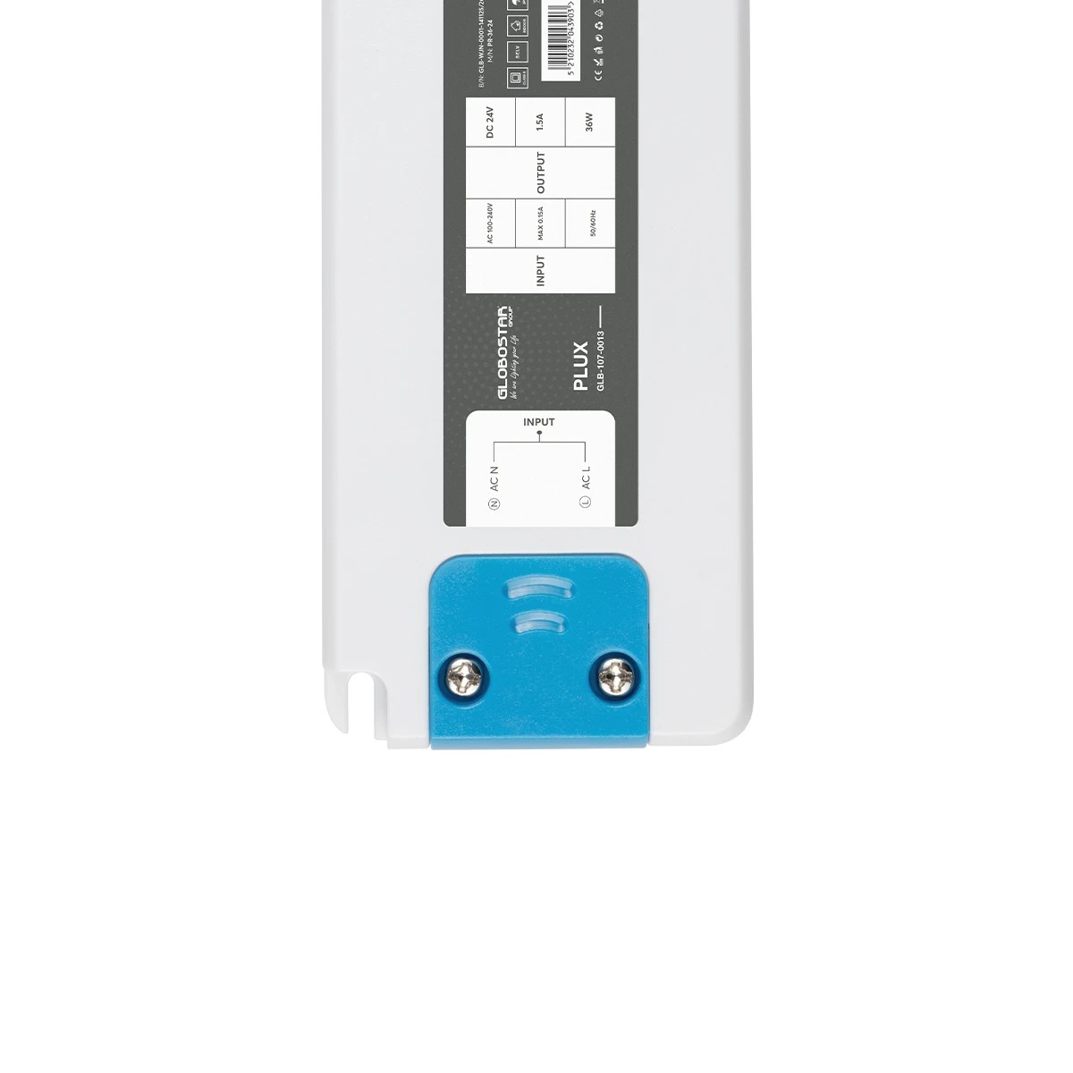 GLOBOSTAR® PLUX GLB-107-0013 Τροφοδοτικό/Μετασχηματιστής Class II SELV 36W 1.5A AC 220-240V σε DC 24V IP20 - Λευκό Ματ - Μ12.8 x Π5 x Υ1.5cm - 3 Χρόνια Εγγύηση