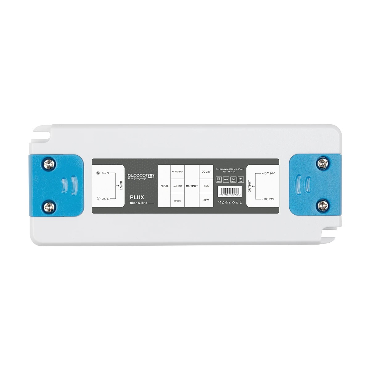 GLOBOSTAR® PLUX GLB-107-0013 Τροφοδοτικό/Μετασχηματιστής Class II SELV 36W 1.5A AC 220-240V σε DC 24V IP20 - Λευκό Ματ - Μ12.8 x Π5 x Υ1.5cm - 3 Χρόνια Εγγύηση