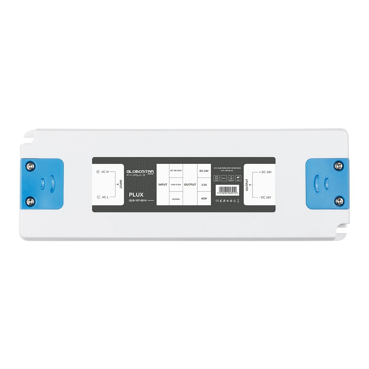 GLOBOSTAR® PLUX GLB-107-0014 Τροφοδοτικό/Μετασχηματιστής Class II SELV 60W 2.5A AC 220-240V σε DC 24V IP20 - Λευκό Ματ - Μ18.5 x Π6.4 x Υ2.2cm - 3 Χρόνια Εγγύηση