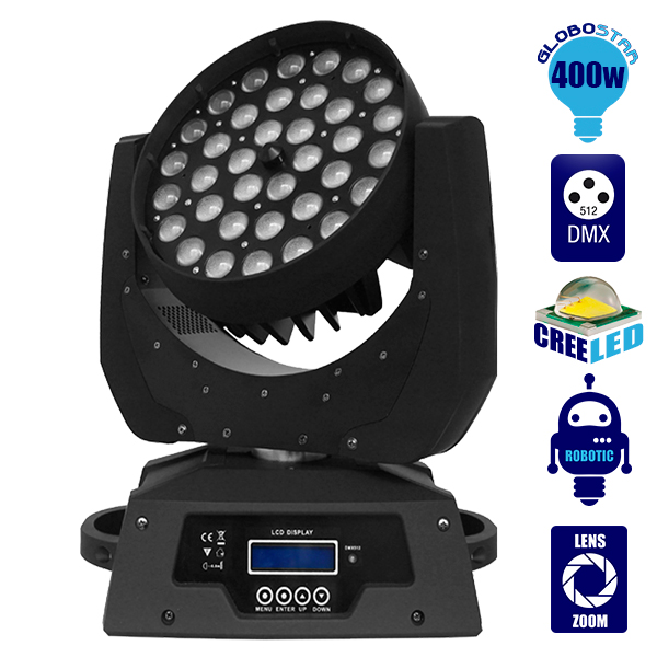 GLOBOSTAR® ARTEMIS 51116 Επαγγελματική Κινούμενη Ρομποτική Κεφαλή Φωτισμού Moving Head ZOOM WASH LED 400W (36 x 10W) RGBW 4in1 CREE LED Chips Zoom 10°-60° Dimmable με DMX512 16 Καναλιών AC 220-240V IP20 - Μαύρο - Μ33 x Π22 x Υ44cm - 2 Χρόνια Εγγύηση