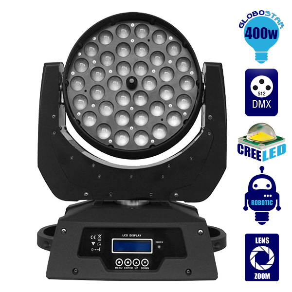GLOBOSTAR® ARTEMIS 51116 Επαγγελματική Κινούμενη Ρομποτική Κεφαλή Φωτισμού Moving Head ZOOM WASH LED 400W (36 x 10W) RGBW 4in1 CREE LED Chips Zoom 10°-60° Dimmable με DMX512 16 Καναλιών AC 220-240V IP20 - Μαύρο - Μ33 x Π22 x Υ44cm - 2 Χρόνια Εγγύηση
