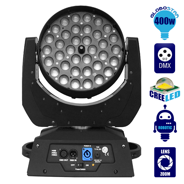 GLOBOSTAR® ARTEMIS 51116 Επαγγελματική Κινούμενη Ρομποτική Κεφαλή Φωτισμού Moving Head ZOOM WASH LED 400W (36 x 10W) RGBW 4in1 CREE LED Chips Zoom 10°-60° Dimmable με DMX512 16 Καναλιών AC 220-240V IP20 - Μαύρο - Μ33 x Π22 x Υ44cm - 2 Χρόνια Εγγύηση